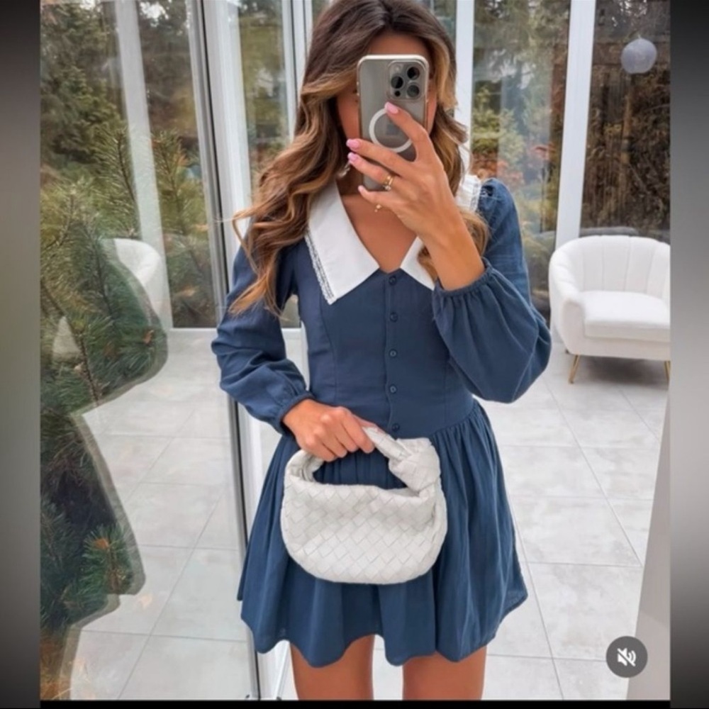 NWT/Zara Navy Peasant Dress with White Peter Pan Collar/XL